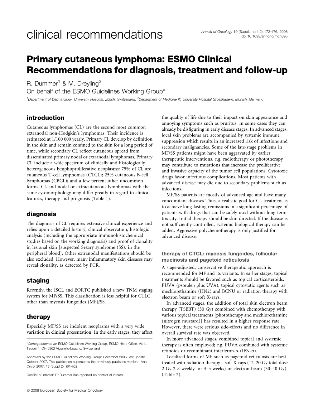 Primary Cutaneous Lymphoma: ESMO Clinical Recommendations for Diagnosis, Treatment and Follow-Up R