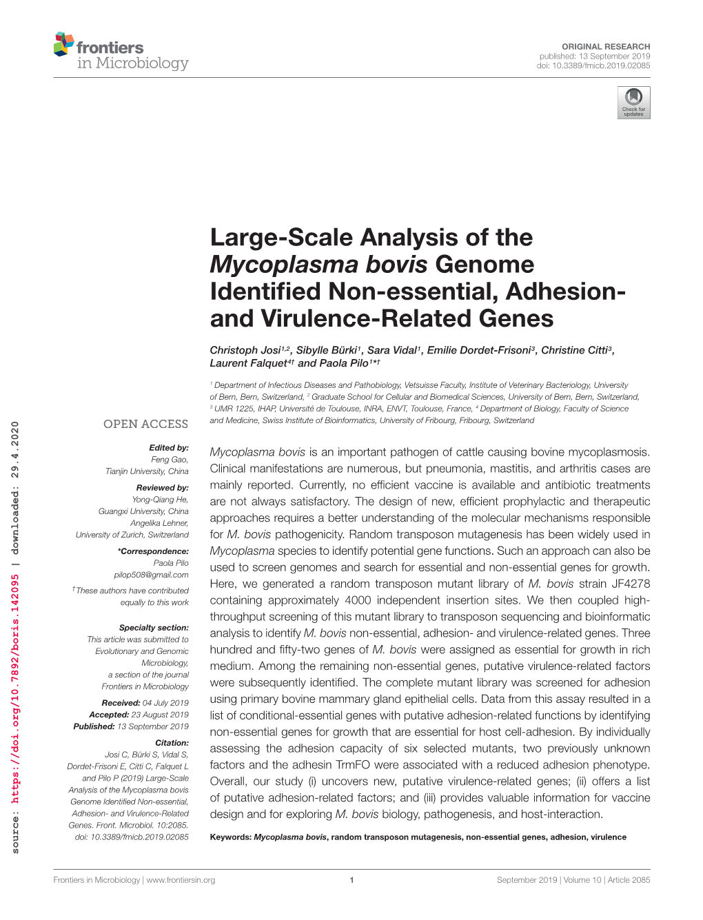 Large-Scale Analysis of the Mycoplasma Bovis Genome Identified Non-Essential, Adhesion- and Virulence-Related Genes