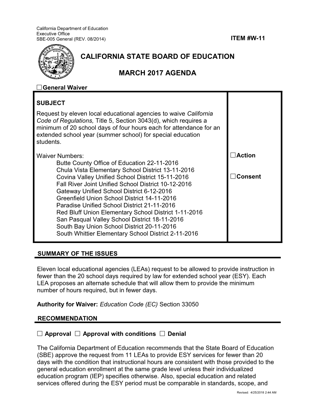 March 2017 Waiver Item W-11 - Meeting Agendas (CA State Board of Education)