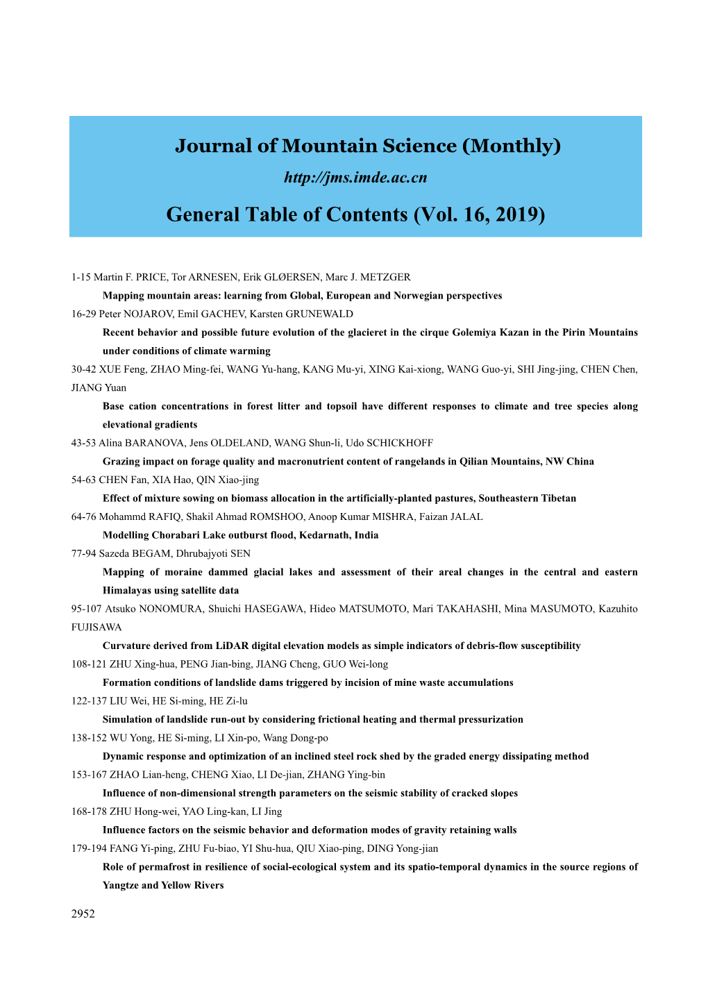 General Table of Contents (Vol. 16, 2019)