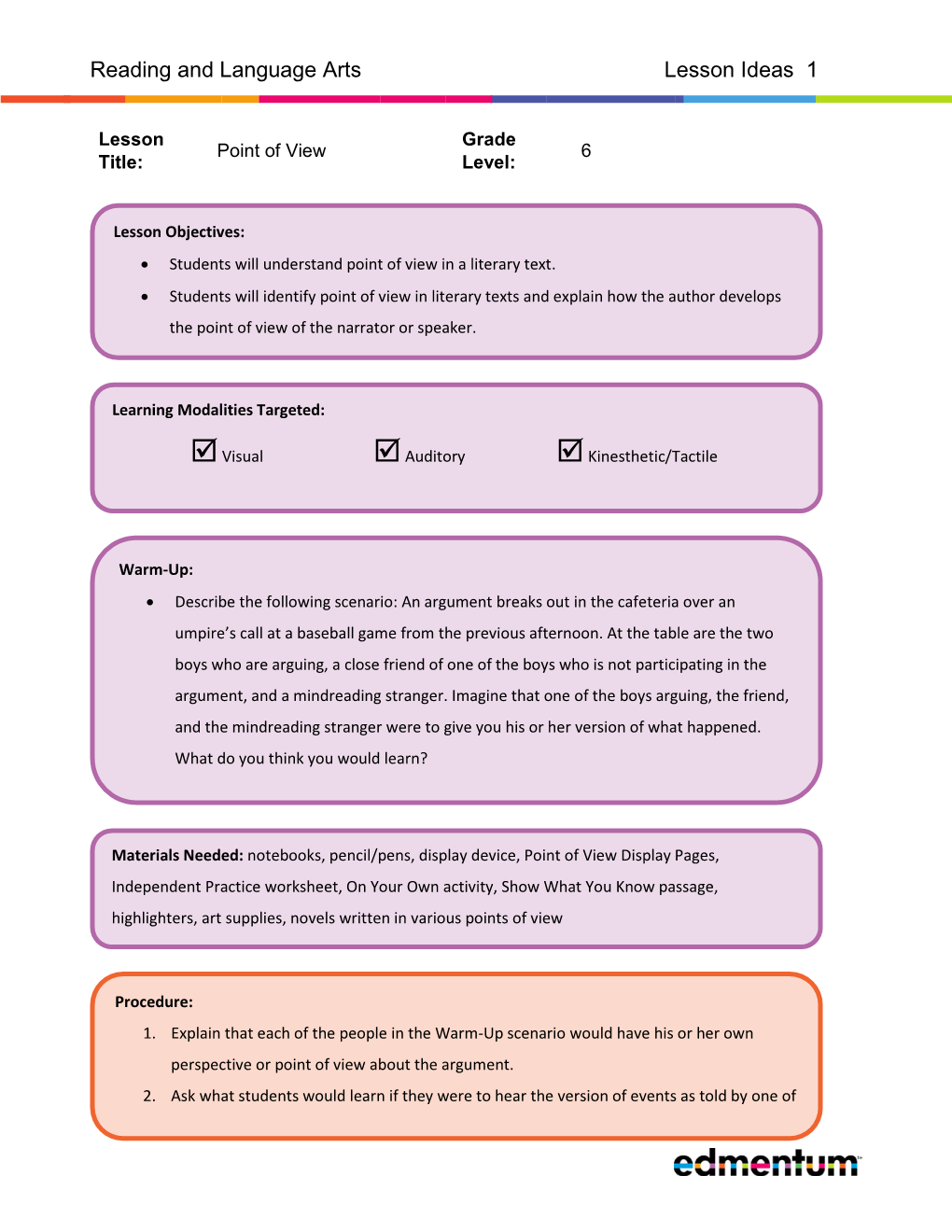 Reading and Language Arts Lesson Ideas 1