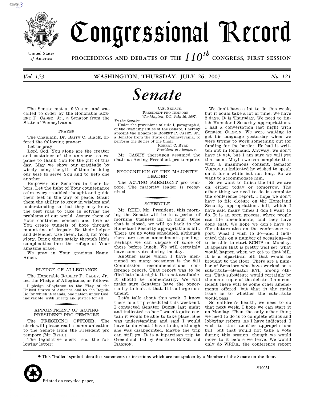 Congressional Record United States Th of America PROCEEDINGS and DEBATES of the 110 CONGRESS, FIRST SESSION