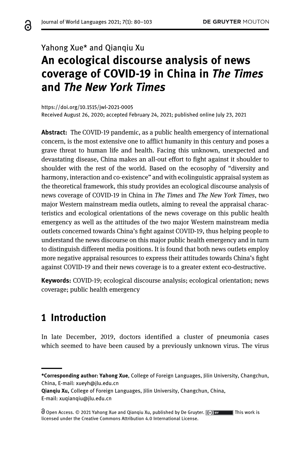 An Ecological Discourse Analysis of News Coverage of COVID-19 in China in the Times and the New York Times