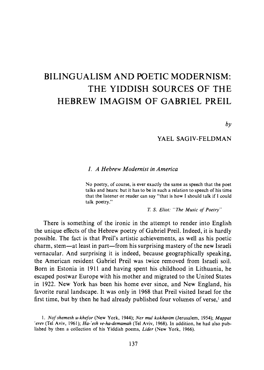 The Yiddish Sources of the Hebrew Imagism of Gabriel Preil