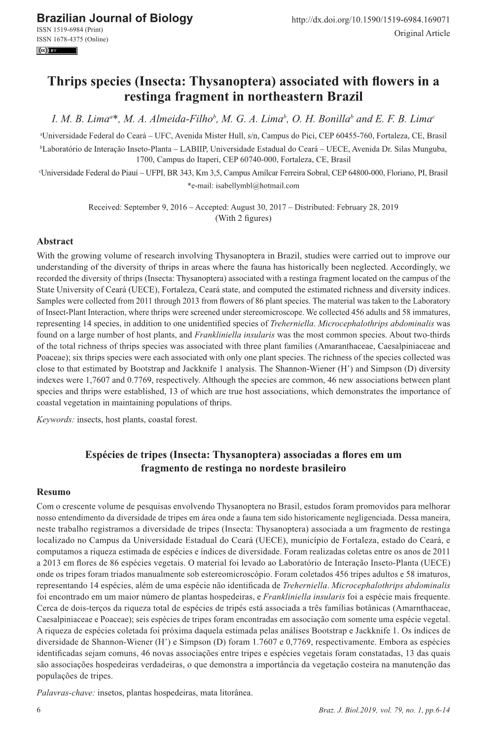 Thrips Species (Insecta: Thysanoptera) Associated with Flowers in a Restinga Fragment in Northeastern Brazil I