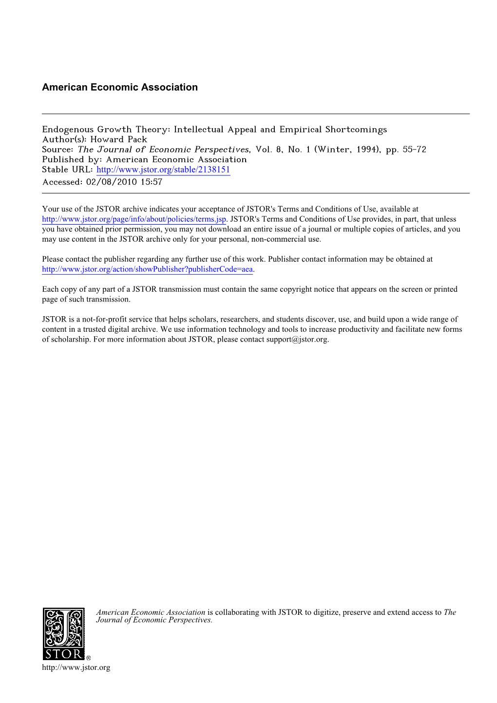 Endogenous Growth Theory: Intellectual Appeal and Empirical Shortcomings Author(S): Howard Pack Source: the Journal of Economic Perspectives, Vol