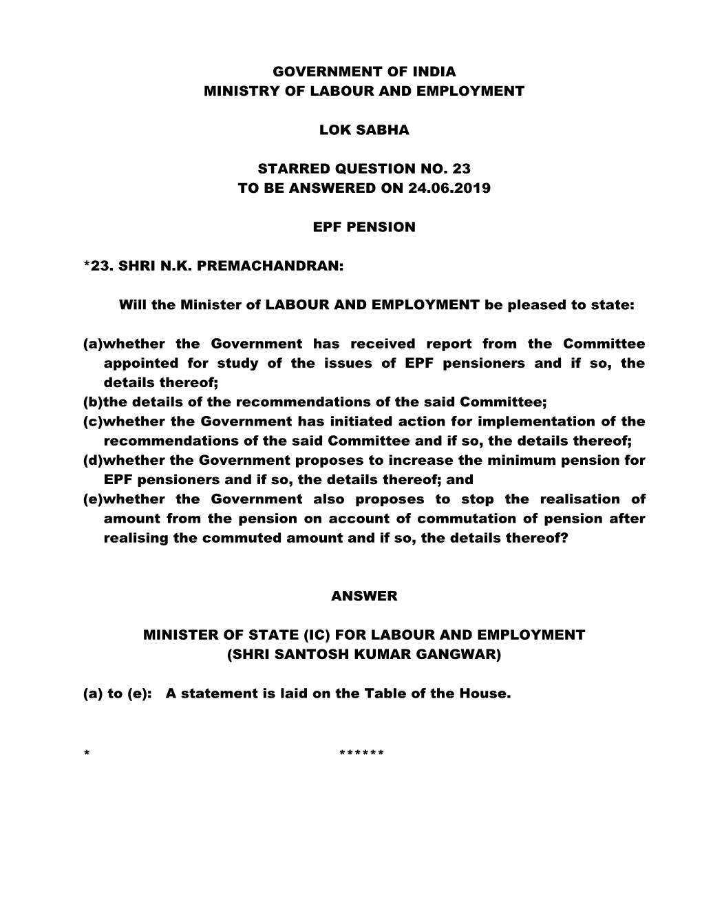 Government of India Ministry of Labour and Employment