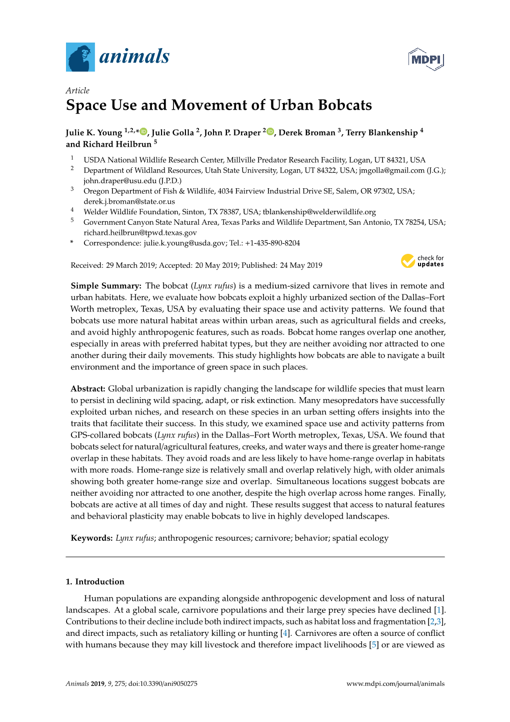 Space Use and Movement of Urban Bobcats