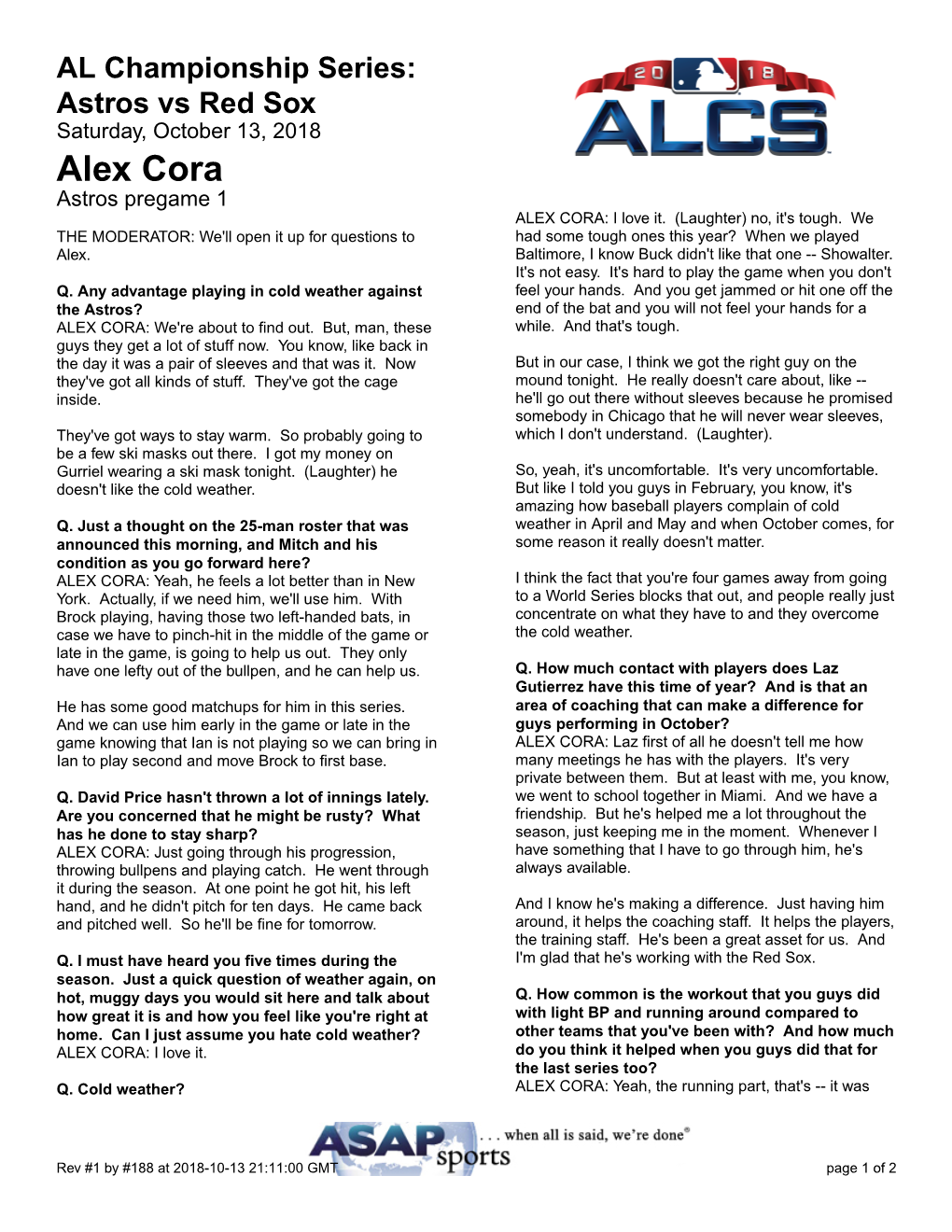 Alex Cora Astros Pregame 1 ALEX CORA: I Love It