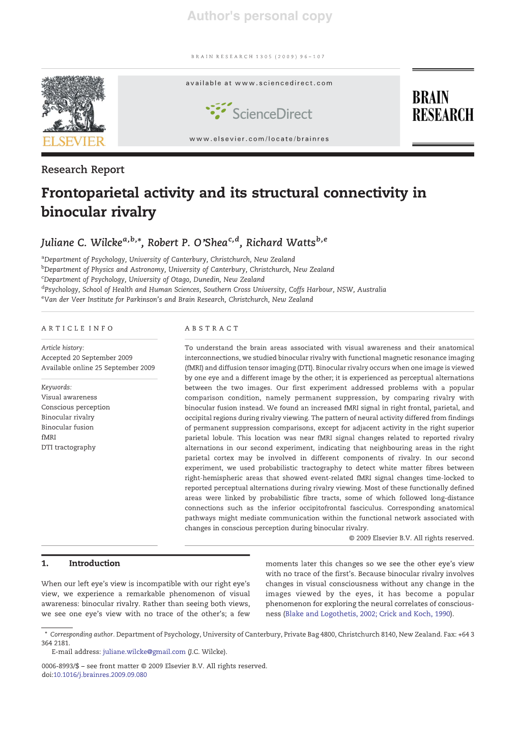 Frontoparietal Activity and Its Structural Connectivity in Binocular Rivalry