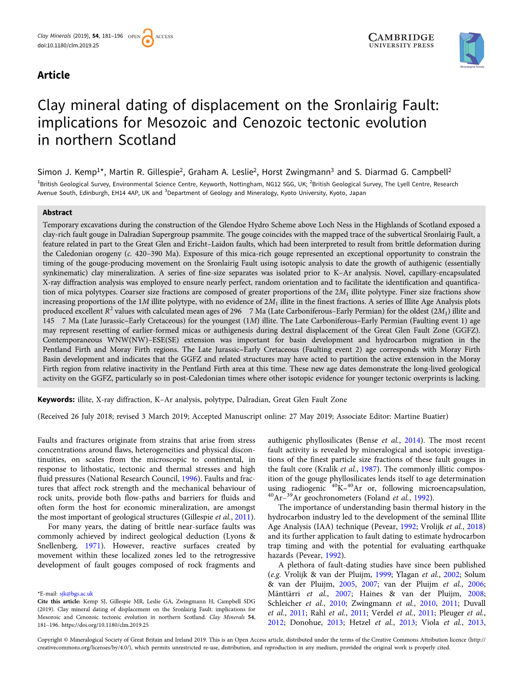 Clay Mineral Dating of Displacement on the Sronlairig Fault: Implications for Mesozoic and Cenozoic Tectonic Evolution in Northern Scotland