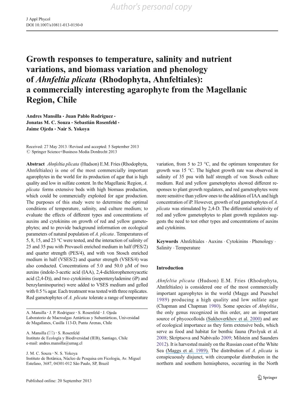 Growth Responses to Temperature, Salinity and Nutrient Variations, And