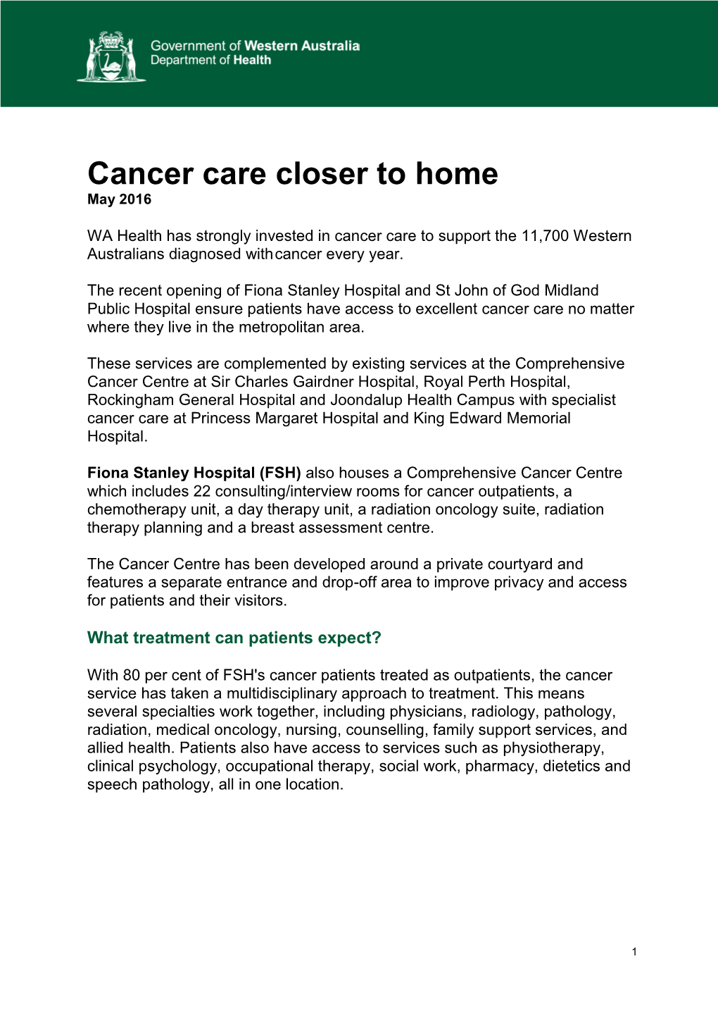 Cancer Care Closer to Home May 2016