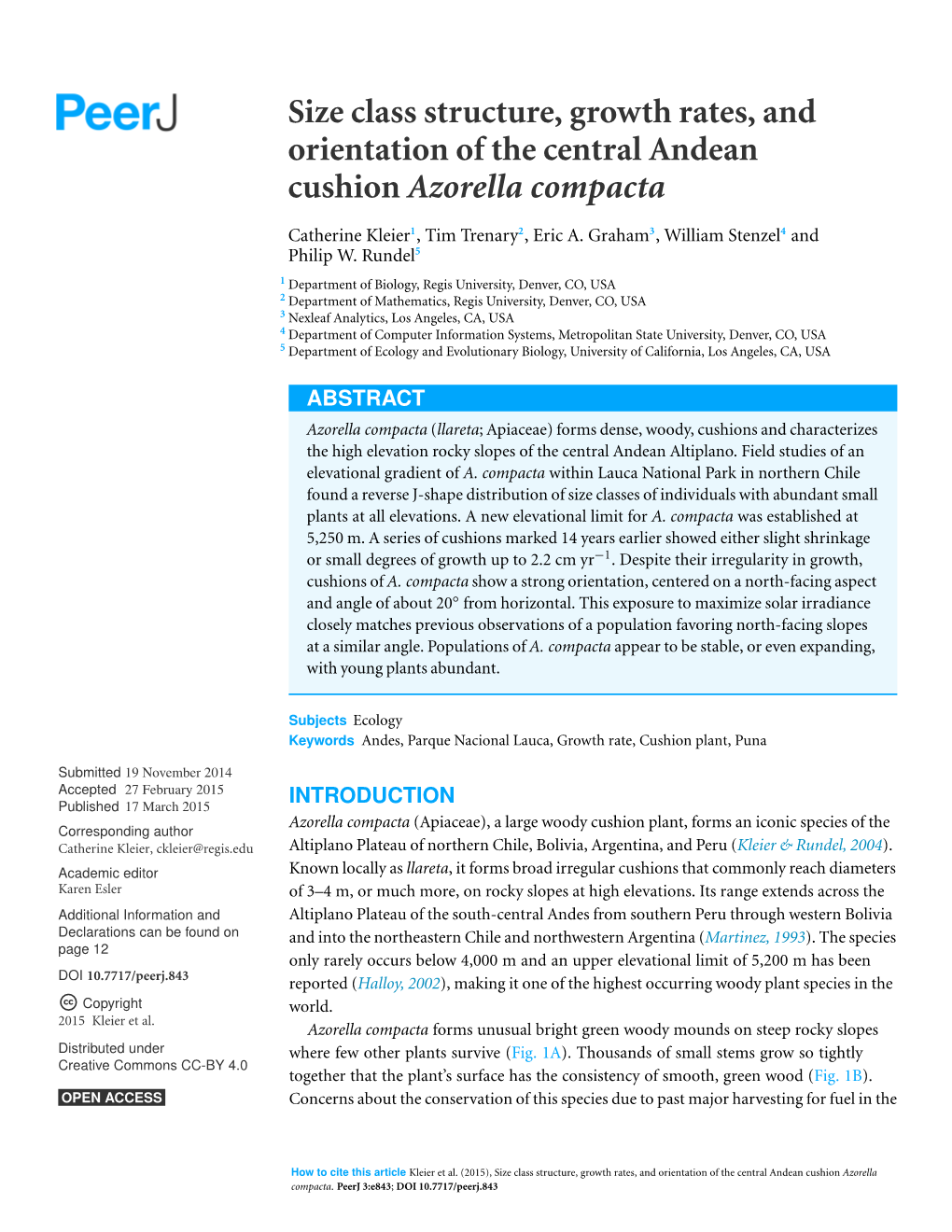 Size Class Structure, Growth Rates, and Orientation of the Central Andean Cushion Azorella Compacta