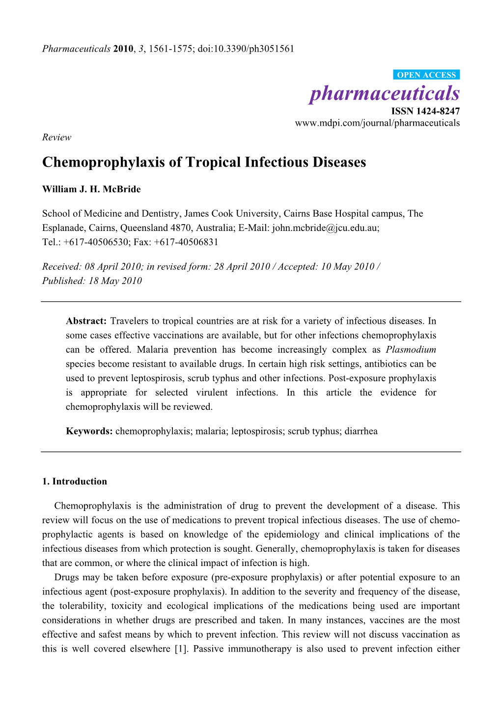 Chemoprophylaxis of Tropical Infectious Diseases