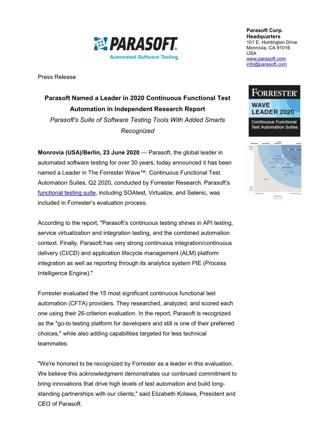 Parasoft Named a Leader in 2020 Continuous Functional Test