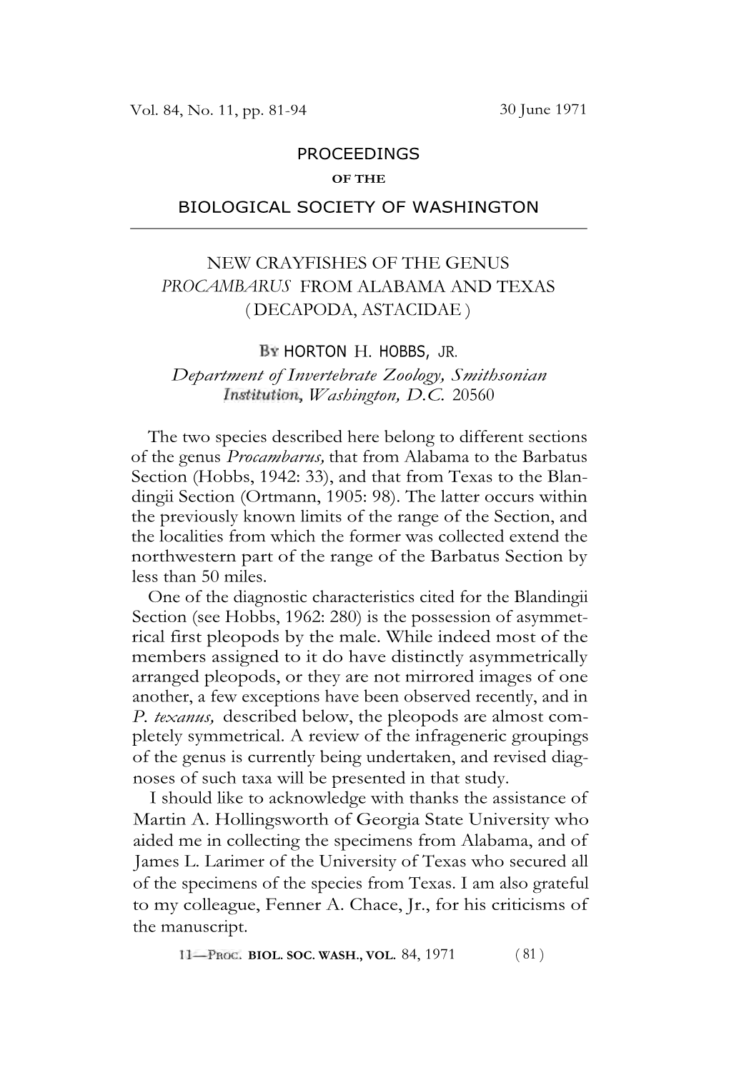 New Crayfishes of the Genus Procambarus from Alabama and Texas ( Decapoda, Astacidae )