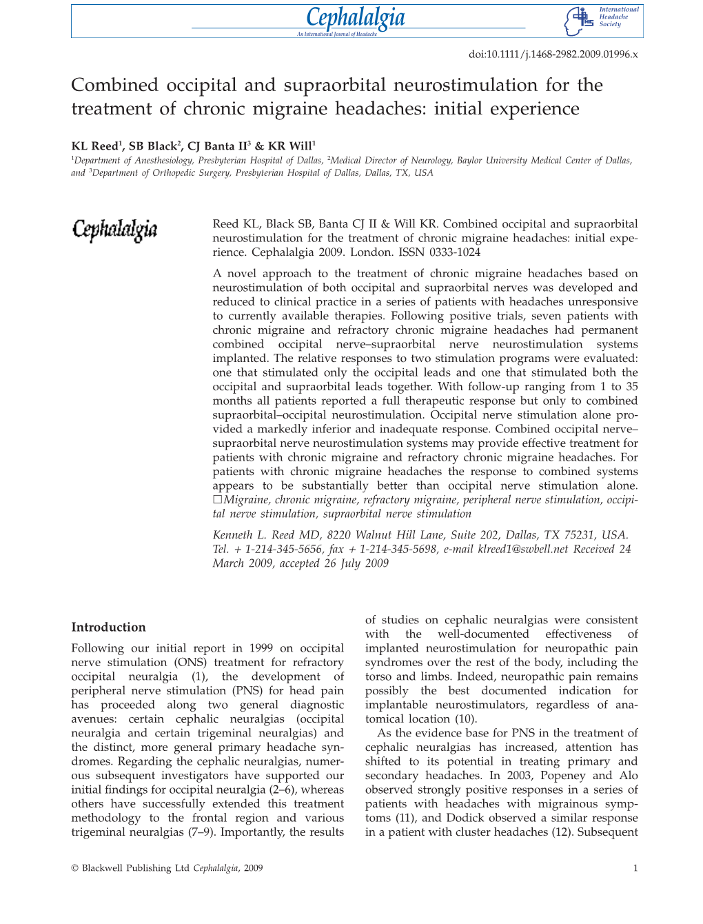 Combined Occipital and Supraorbital Neurostimulation for the Treatment of Chronic Migraine Headaches: Initial Experienceceph 1996 1..13