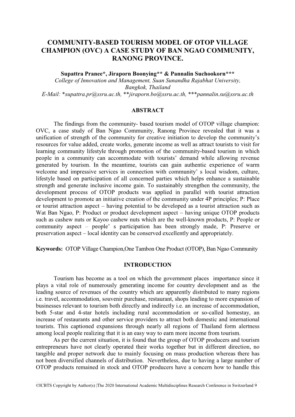 Community-Based Tourism Model of Otop Village Champion (Ovc) a Case Study of Ban Ngao Community, Ranong Province