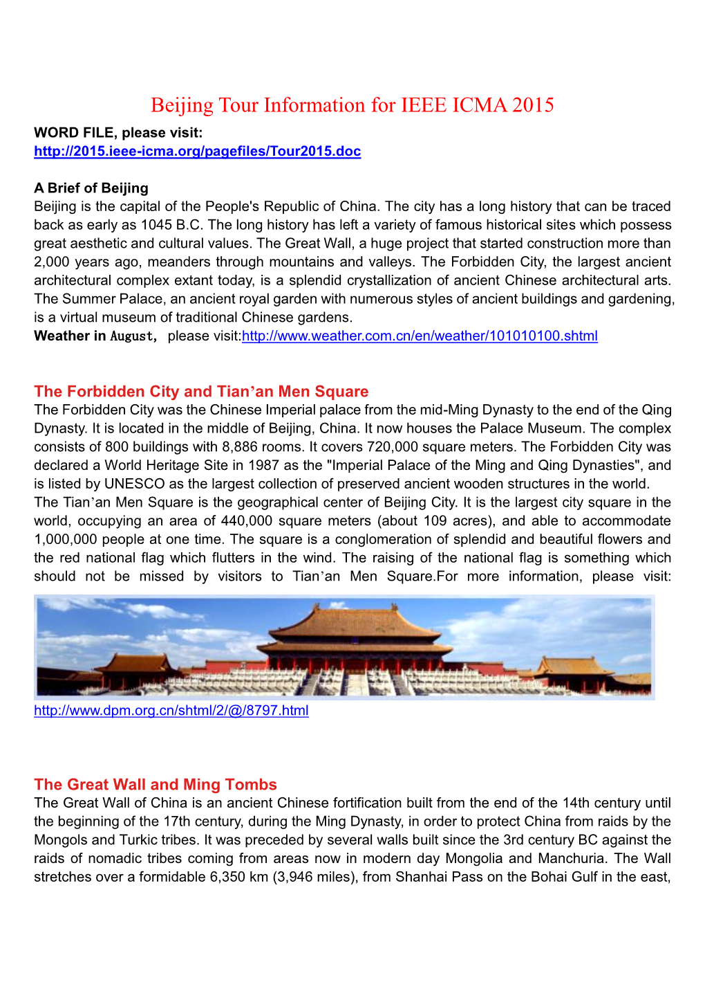 Beijing Tour Information for IEEE ICMA 2015 WORD FILE, Please Visit