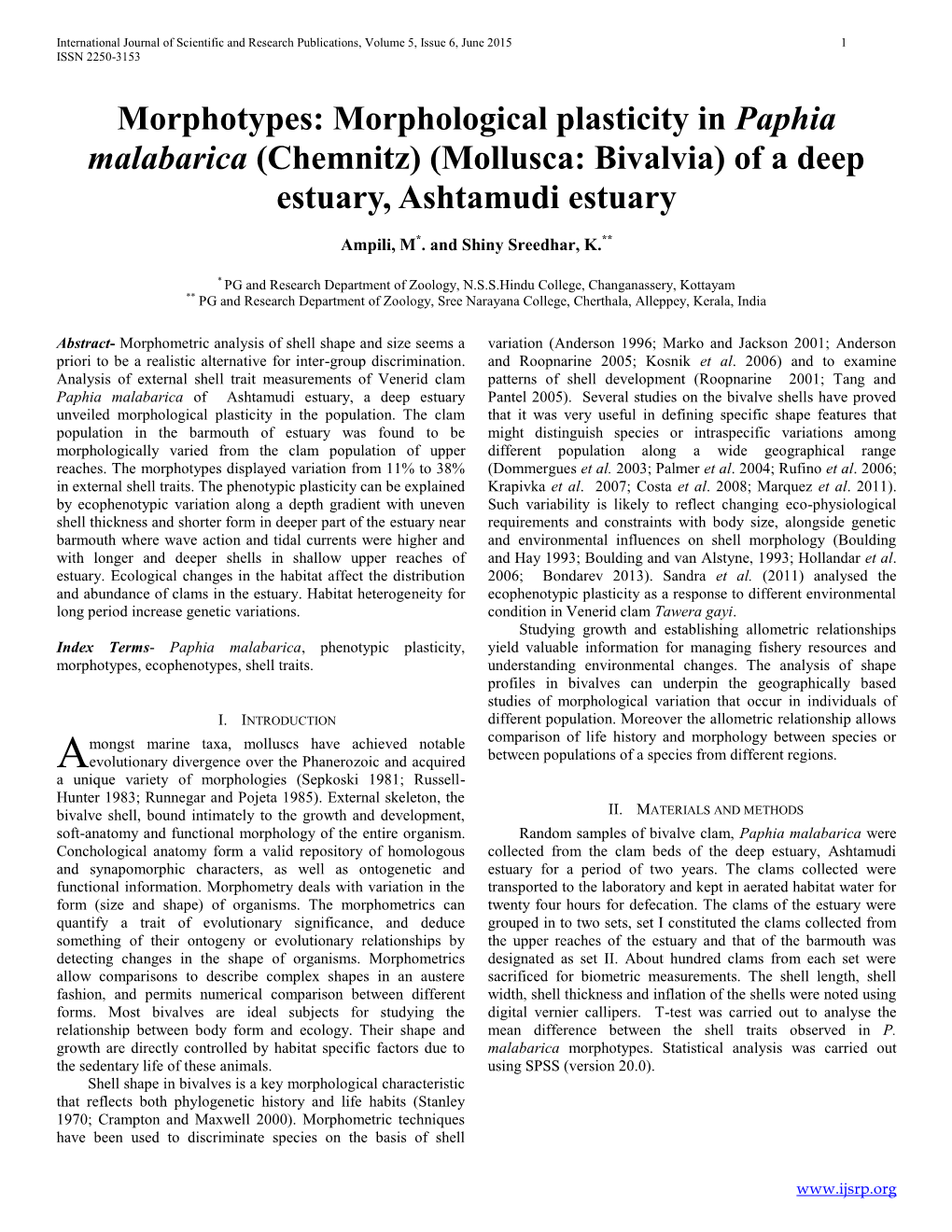 Morphological Plasticity in Paphia Malabarica (Chemnitz) (Mollusca: Bivalvia) of a Deep Estuary, Ashtamudi Estuary
