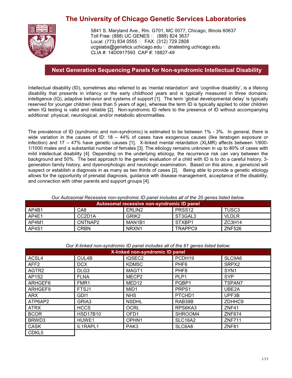 The University of Chicago Genetic Services Laboratories Labolaboratories 5841 S