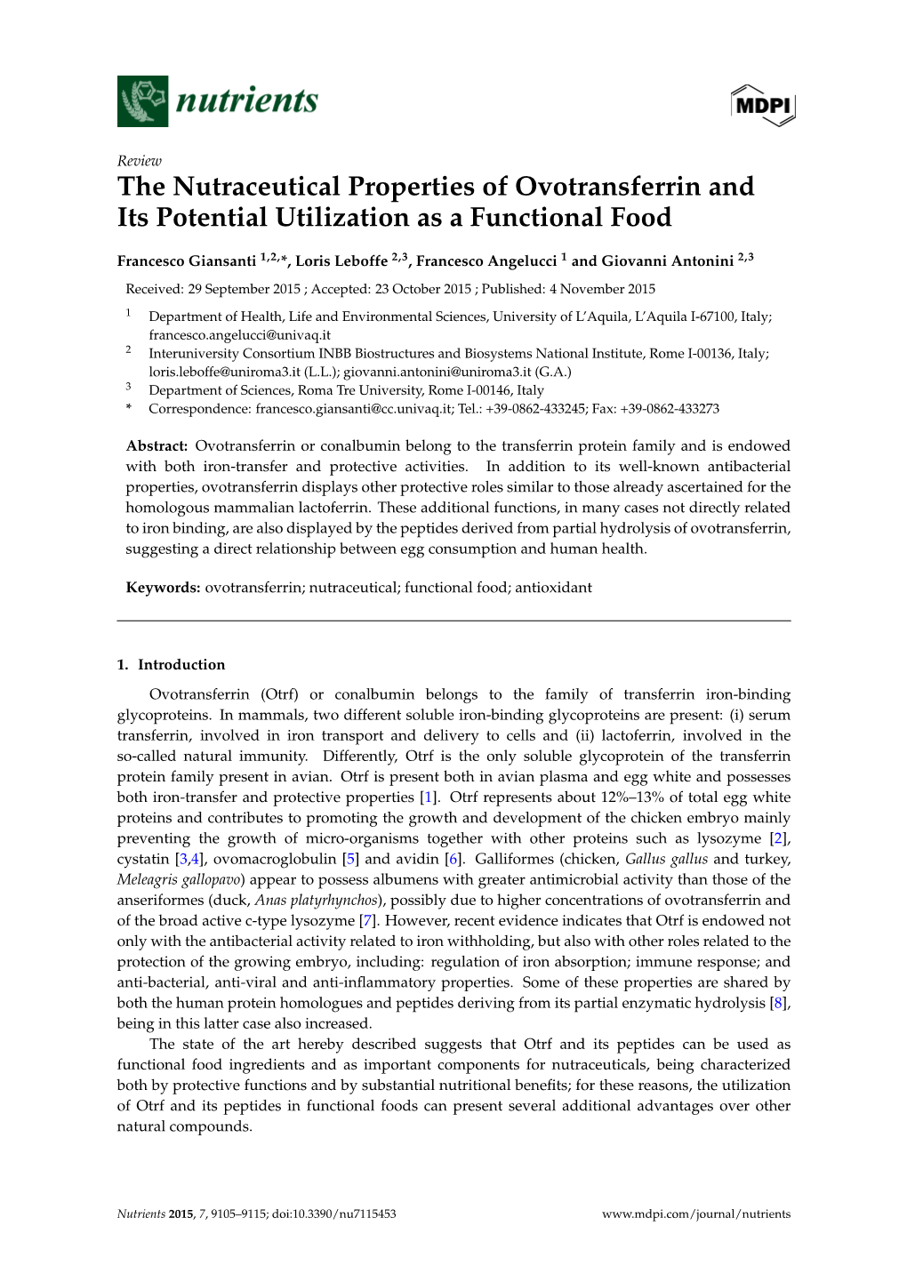 The Nutraceutical Properties of Ovotransferrin and Its Potential Utilization As a Functional Food