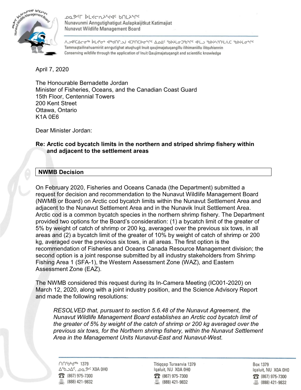 200407 NWMB Ltr to Min DFO Arctic Cod Bycatch Limits Shrimp Fishery