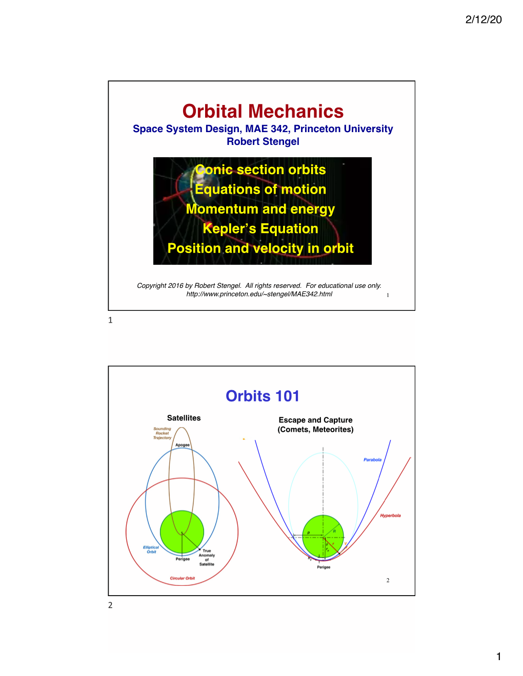 2. Orbital Mechanics MAE 342 2016
