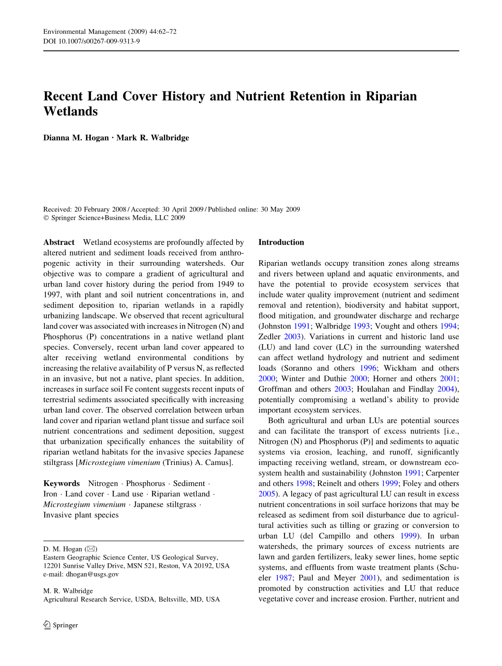 Recent Land Cover History and Nutrient Retention in Riparian Wetlands