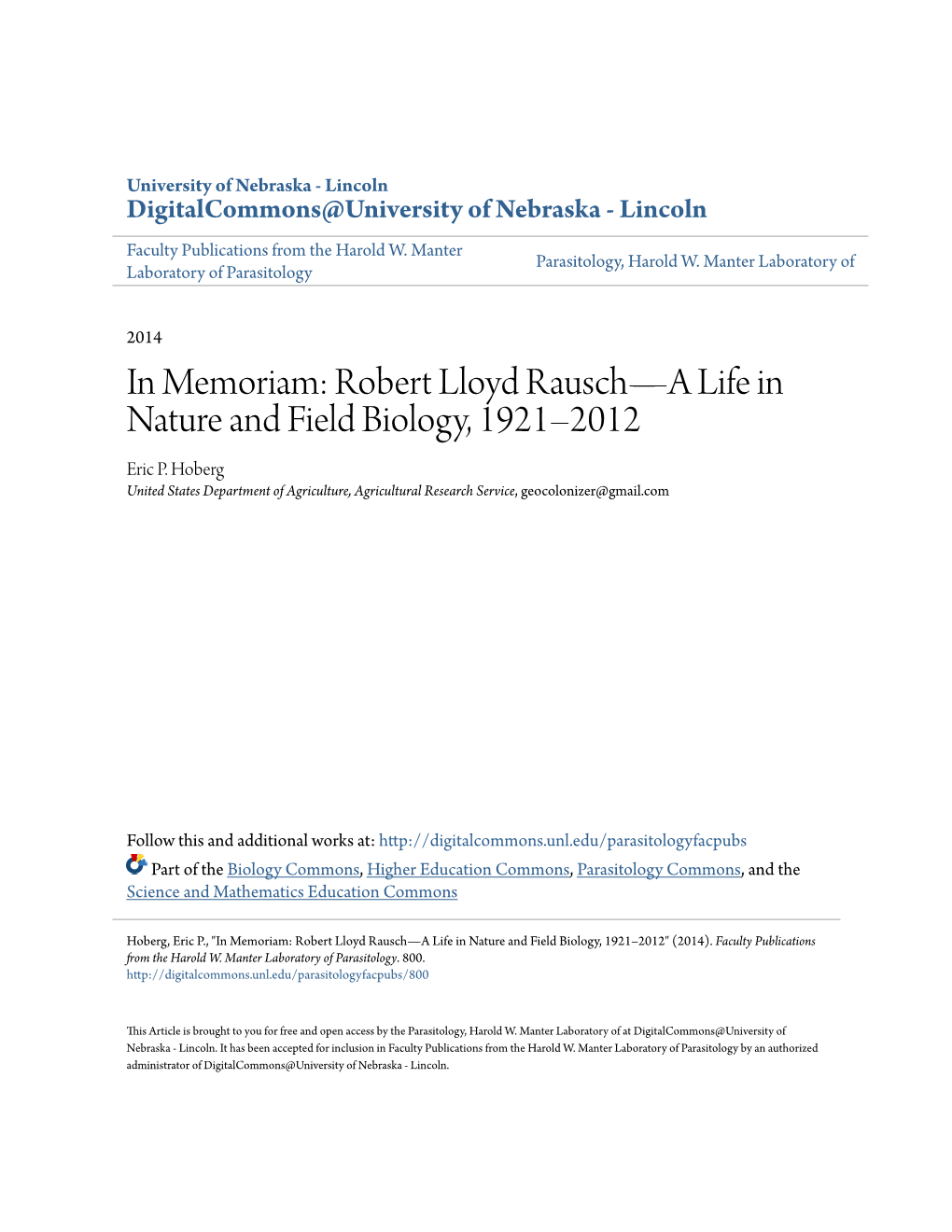 Robert Lloyd Rausch—A Life in Nature and Field Biology, 1921–2012 Eric P