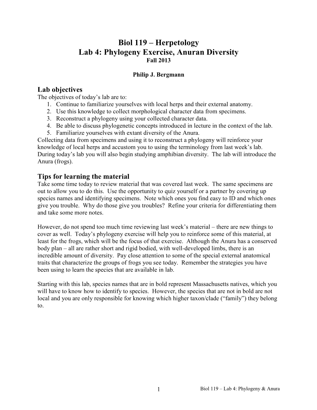 Biol 119 – Herpetology Lab 4: Phylogeny Exercise, Anuran Diversity Fall 2013