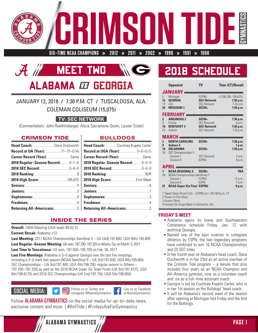 ALABAMA VS Georgia Meet Two 2018 SCHEDULE