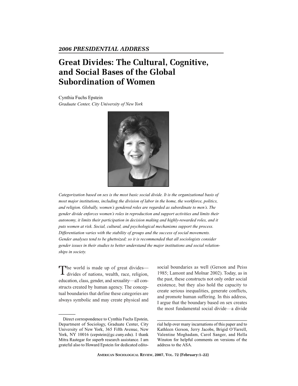 Great Divides: the Cultural, Cognitive, and Social Bases of the Global Subordination of Women