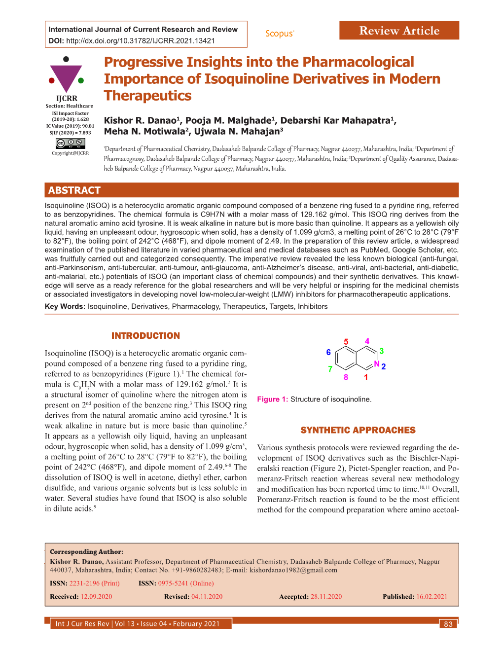 Progressive Insights Into the Pharmacological Importance of Isoquinoline Derivatives in Modern Therapeutics