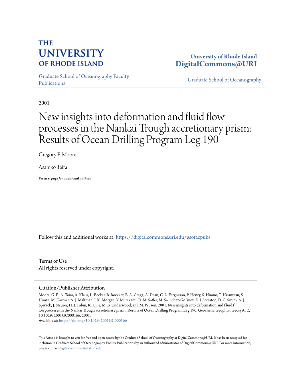 New Insights Into Deformation and Fluid Flow Processes in the Nankai Trough Accretionary Prism: Results of Ocean Drilling Program Leg 190 Gregory F