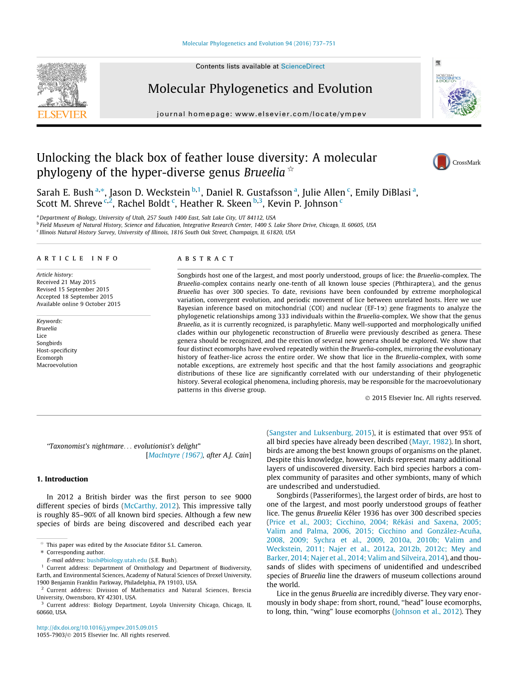 Unlocking the Black Box of Feather Louse Diversity: a Molecular Phylogeny of the Hyper-Diverse Genus Brueelia Q ⇑ Sarah E