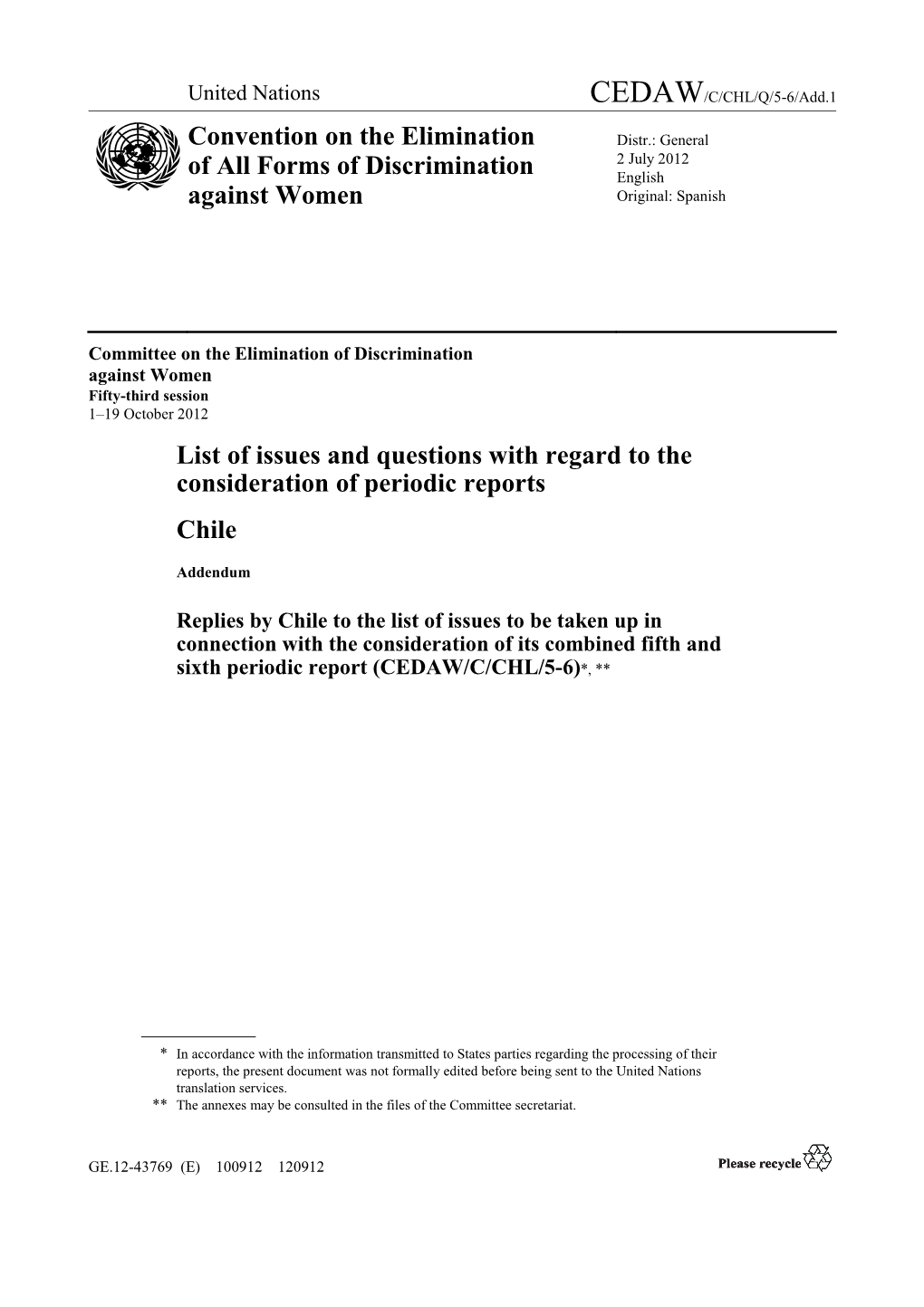 List of Issues and Questions with Regard to the Consideration of Periodic Reports Chile