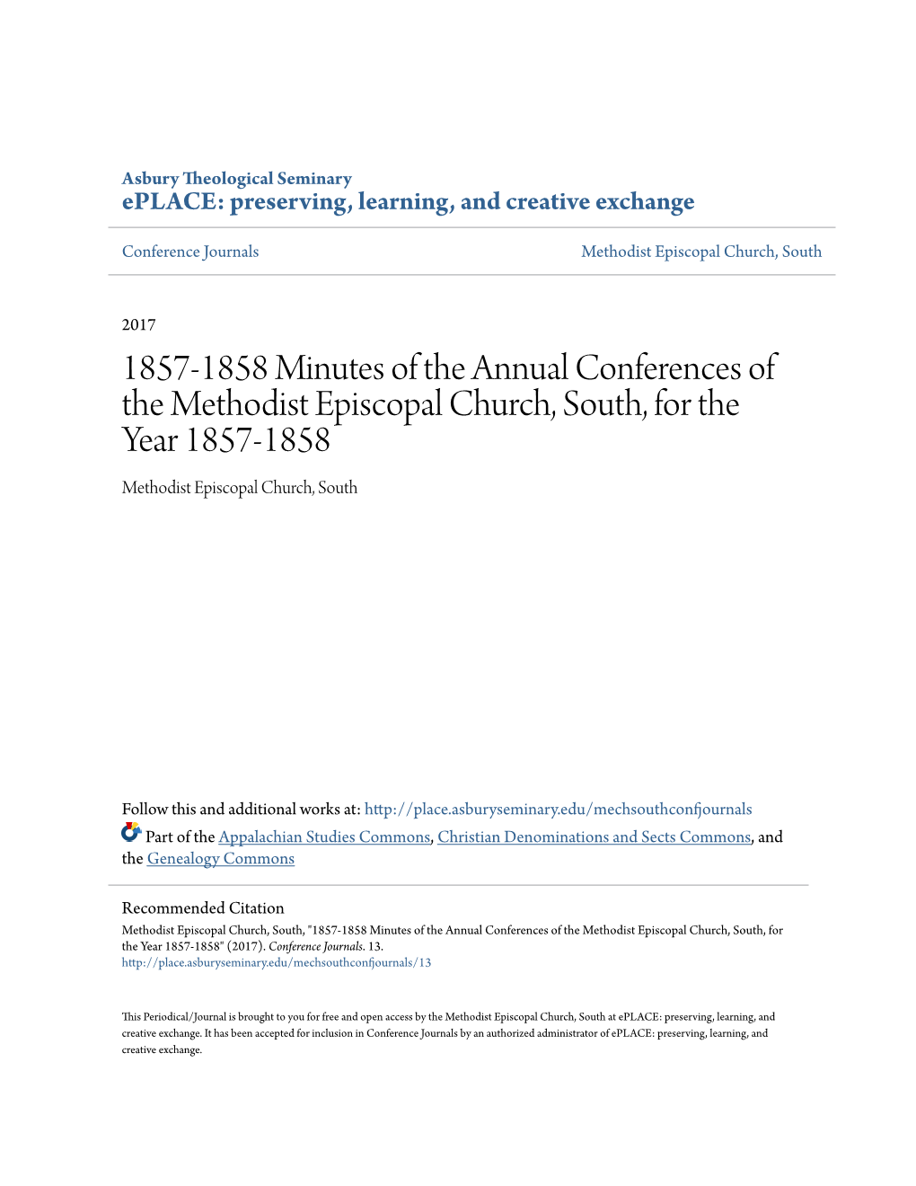 1857-1858 Minutes of the Annual Conferences of the Methodist Episcopal Church, South, for the Year 1857-1858 Methodist Episcopal Church, South