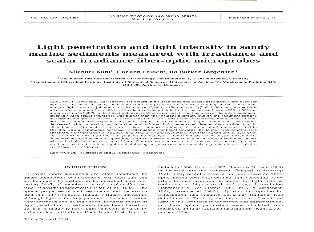 Light Penetration and Light Intensity in Sandy Marine Sediments Measured with Irradiance and Scalar Irradiance Fiber-Optic Microprobes