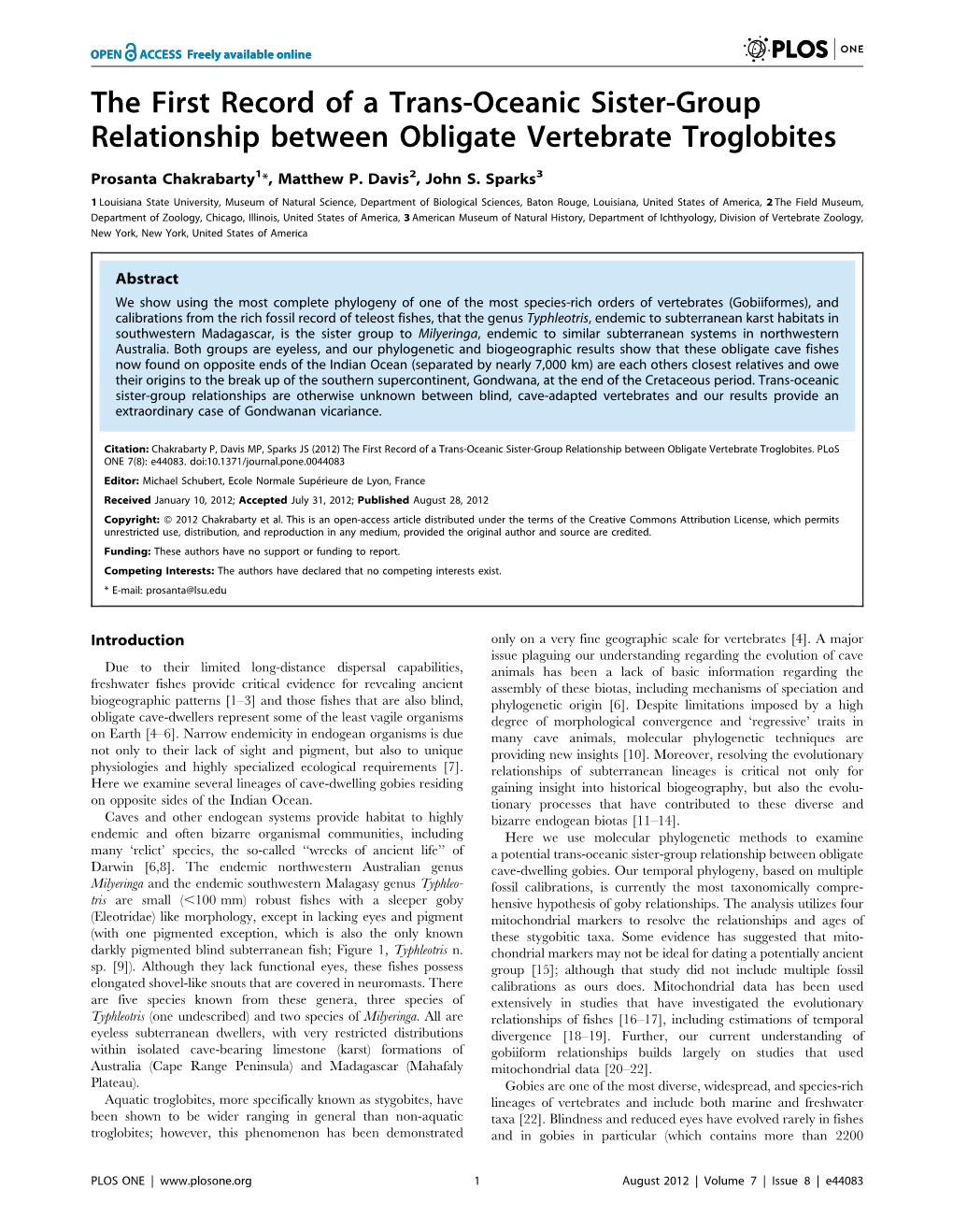 The First Record of a Trans-Oceanic Sister-Group Relationship Between Obligate Vertebrate Troglobites