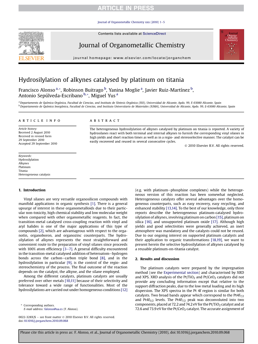 Hydrosilylation of Alkynes Catalysed by Platinum on Titania.Pdf