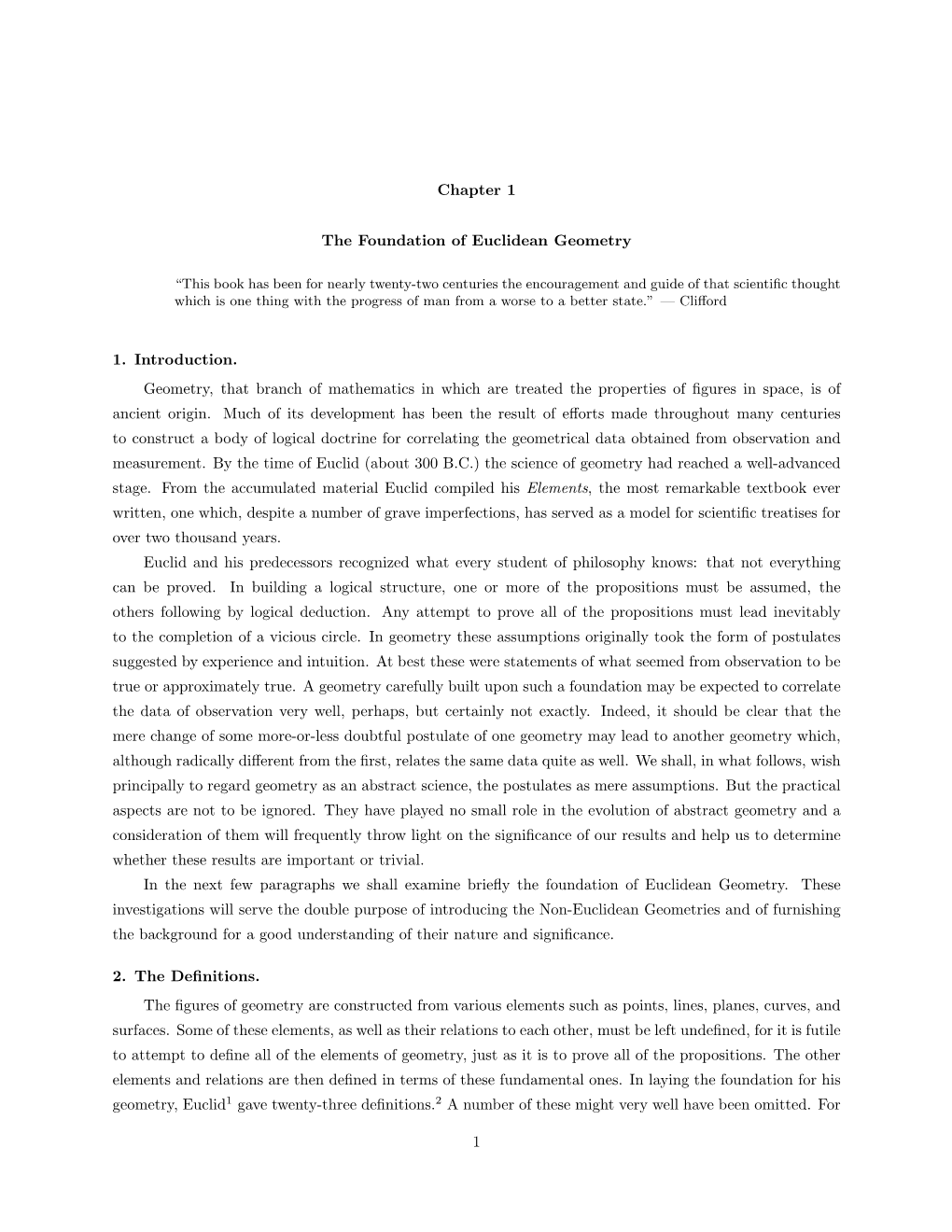 Chapter 1 the Foundation of Euclidean Geometry