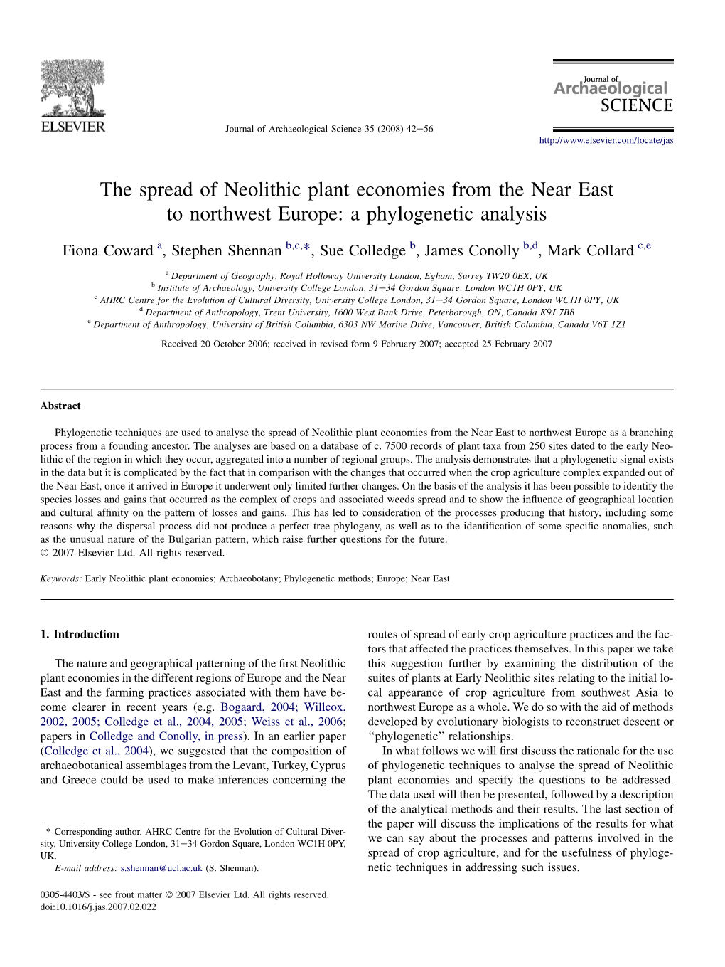 The Spread of Neolithic Plant Economies from the Near East to Northwest Europe: a Phylogenetic Analysis