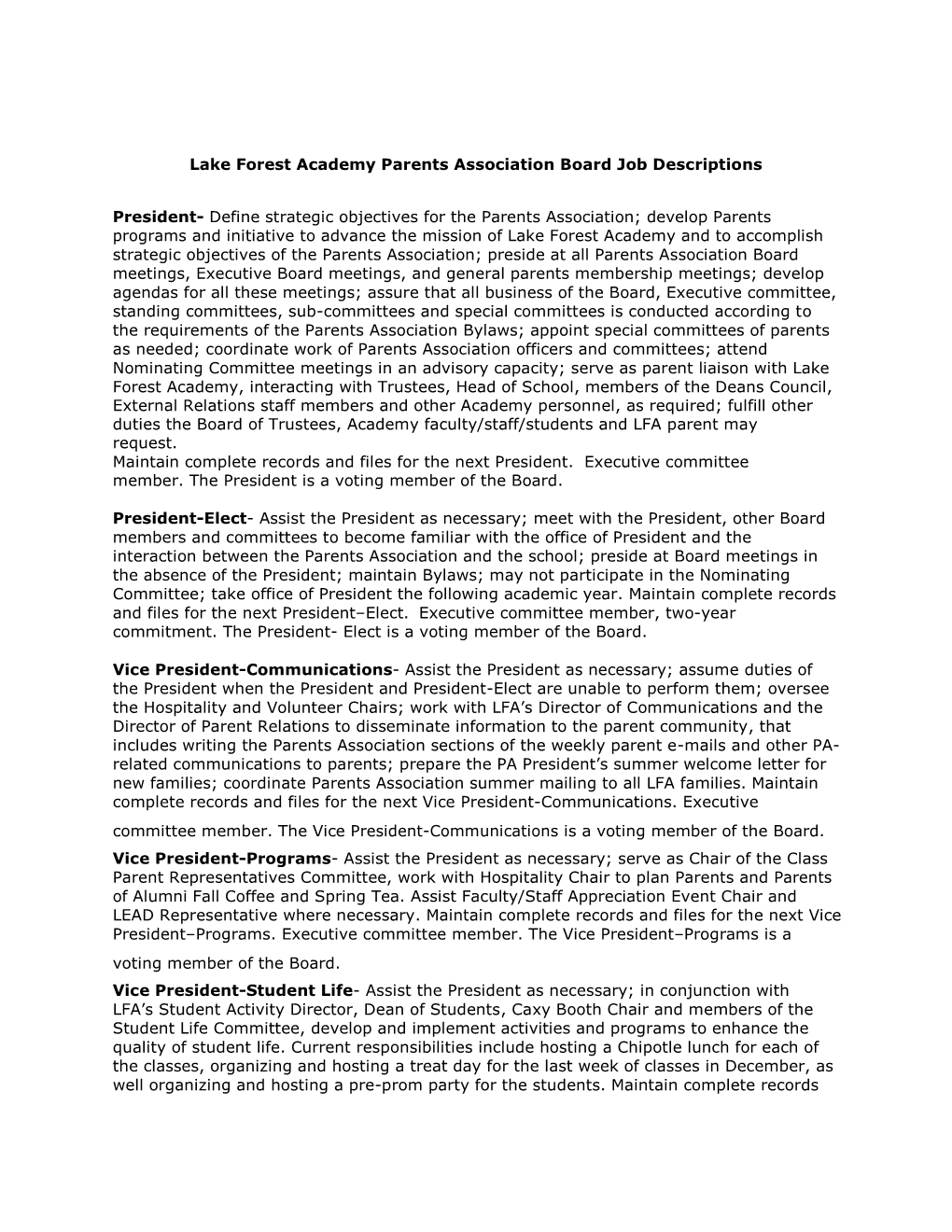 Lake Forest Academy Parents Association Board Job Descriptions