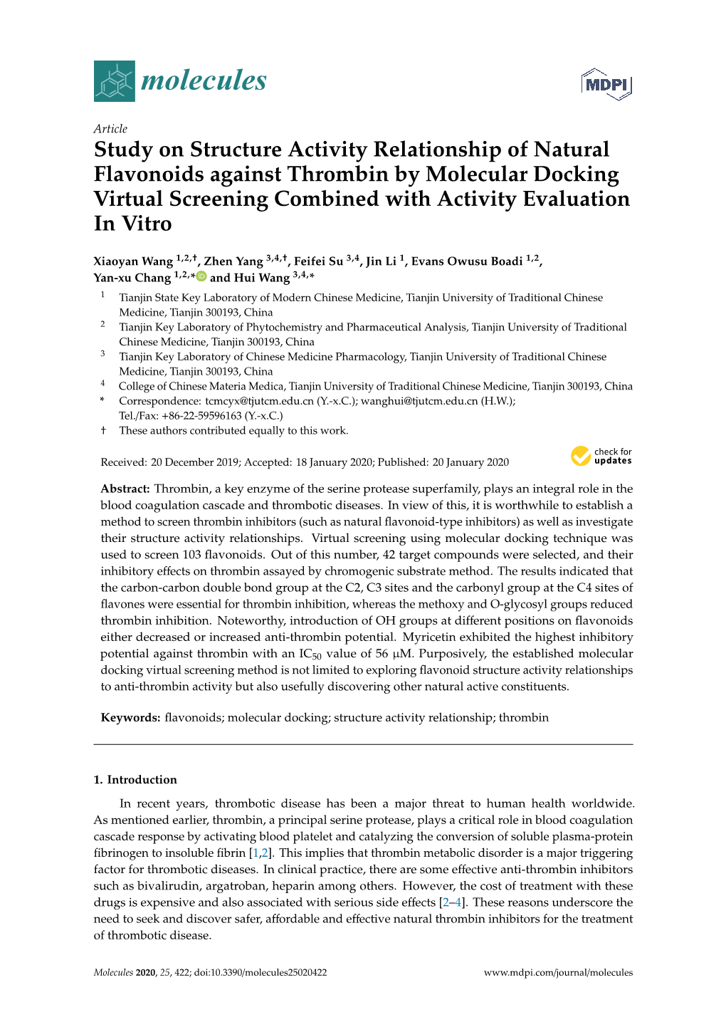 Study on Structure Activity Relationship of Natural Flavonoids Against Thrombin by Molecular Docking Virtual Screening Combined with Activity Evaluation in Vitro