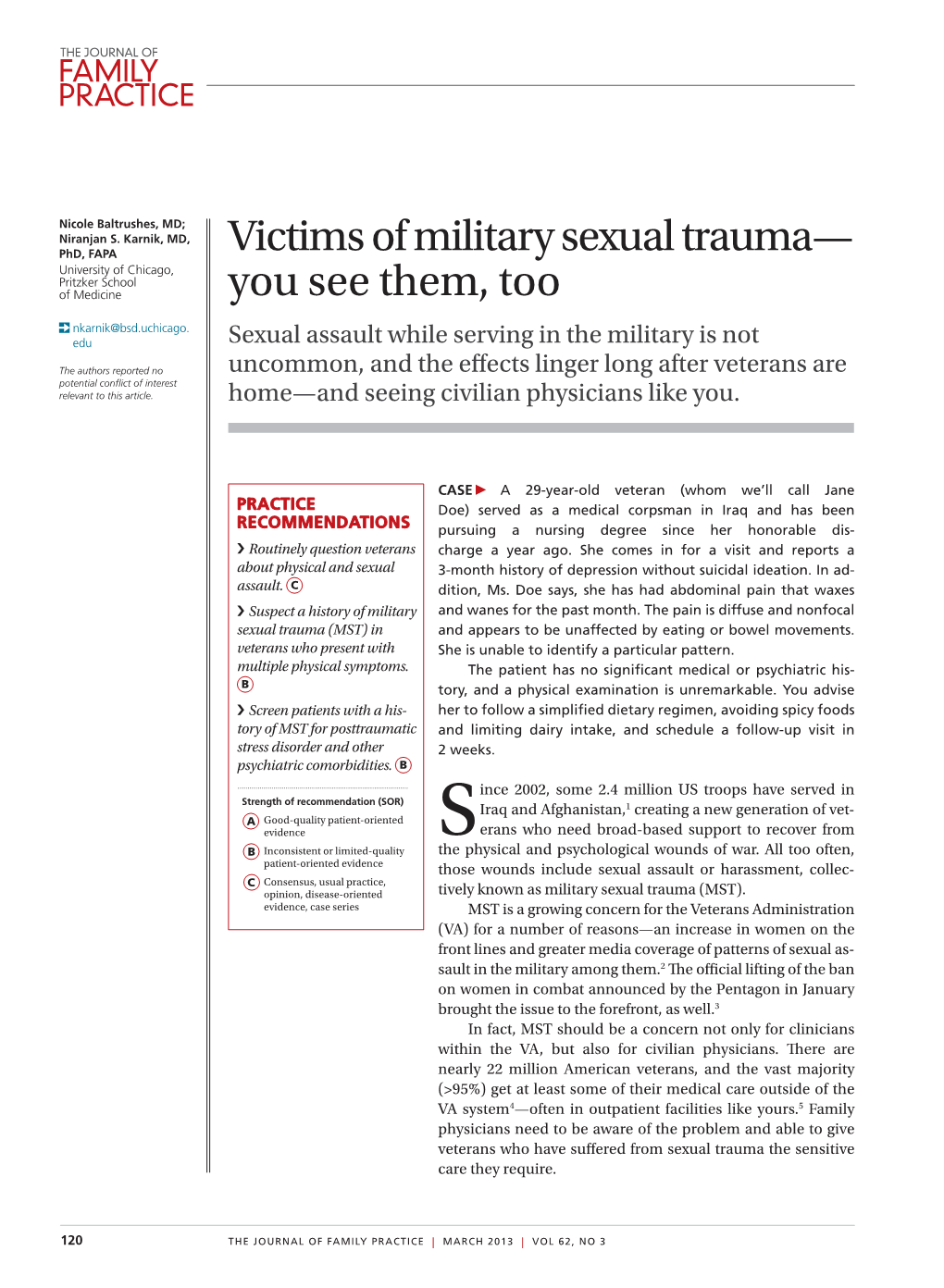 Victims of Military Sexual Trauma— University of Chicago, Pritzker School of Medicine You See Them, Too