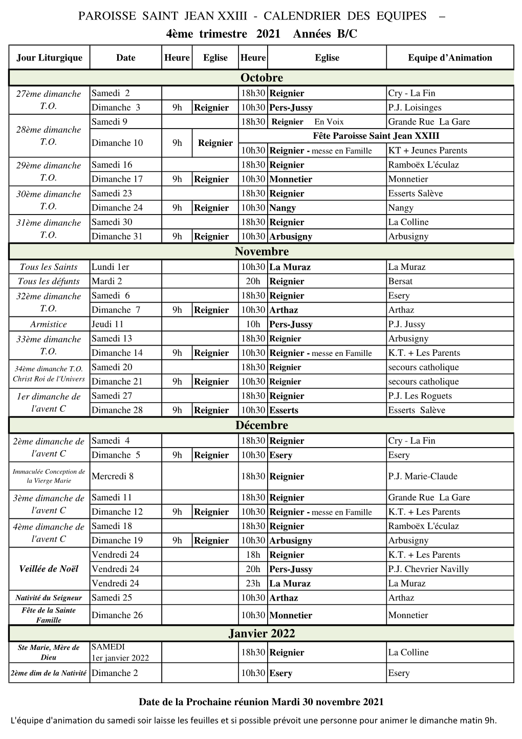 PAROISSE SAINT JEAN XXIII - CALENDRIER DES EQUIPES – 4Ème Trimestre 2021 Années B/C