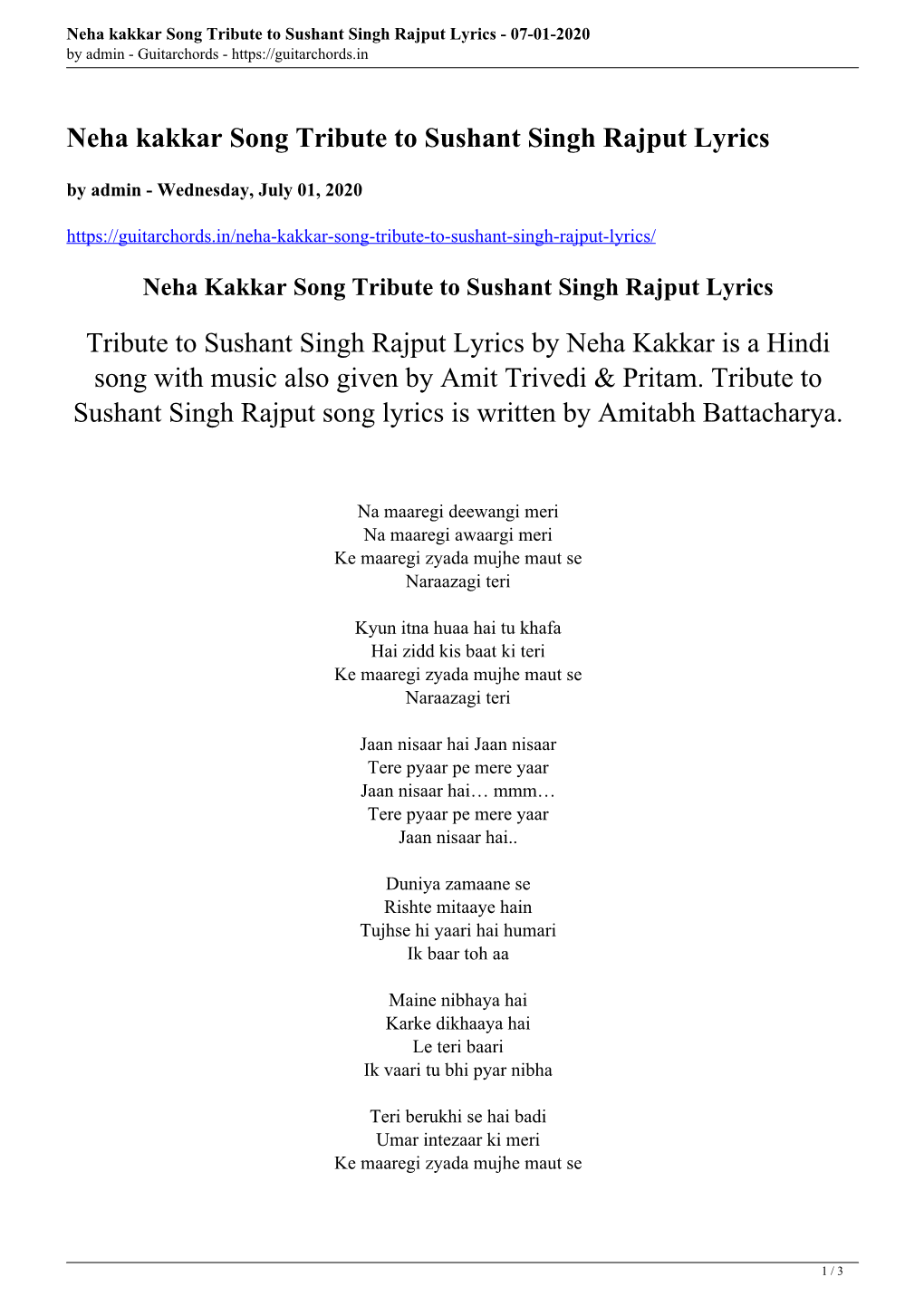 Neha Kakkar Song Tribute to Sushant Singh Rajput Lyrics - 07-01-2020 by Admin - Guitarchords