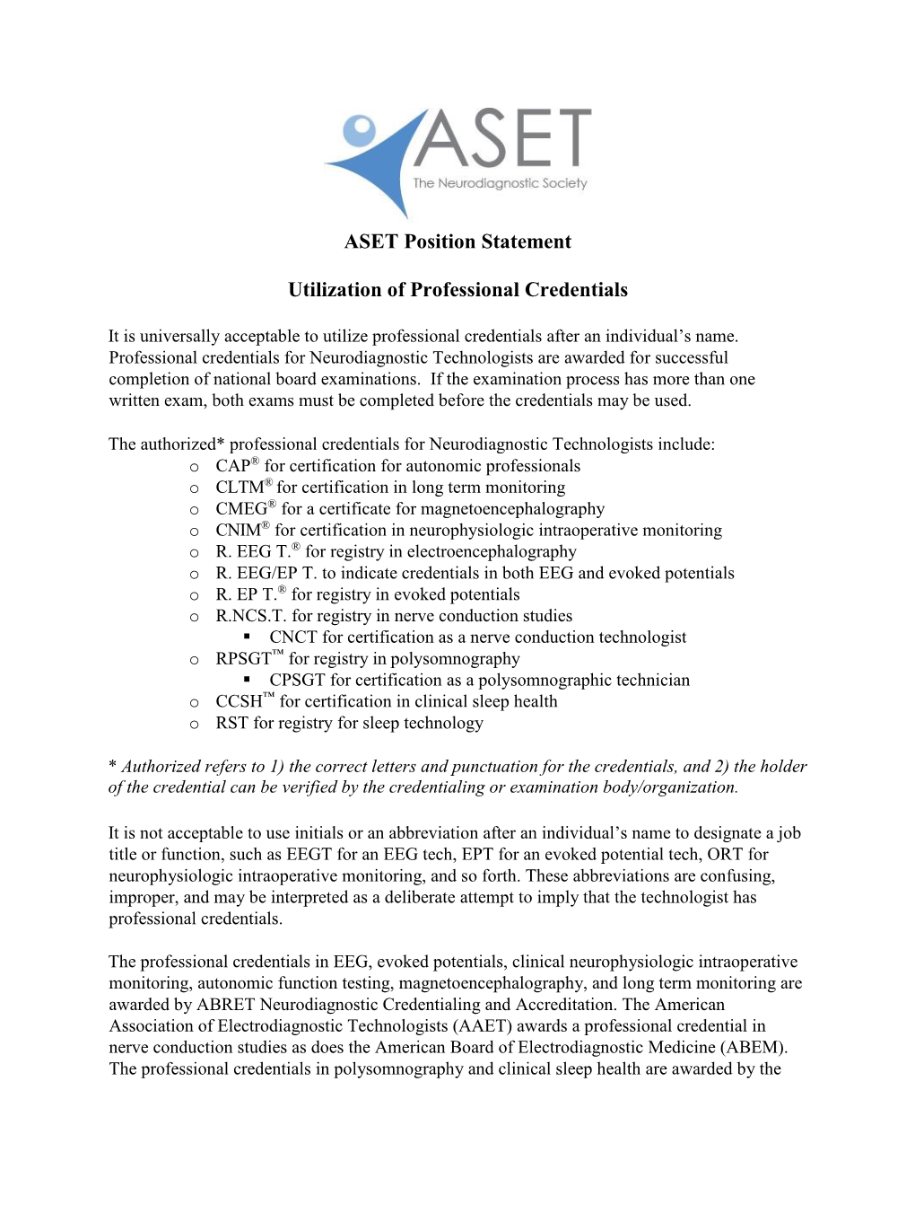 ASET Position Statement Utilization of Professional Credentials